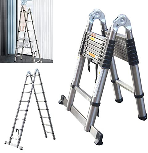 Stainless Steel Telescoping Telescopic Ladder 16.5ft/8.2+8.2ft A Frame Folding Straight Ladder Portable Extension Heavy Duty Compact Ladder with Support Bar 330lb Load Capacity EN131 Safe Standard