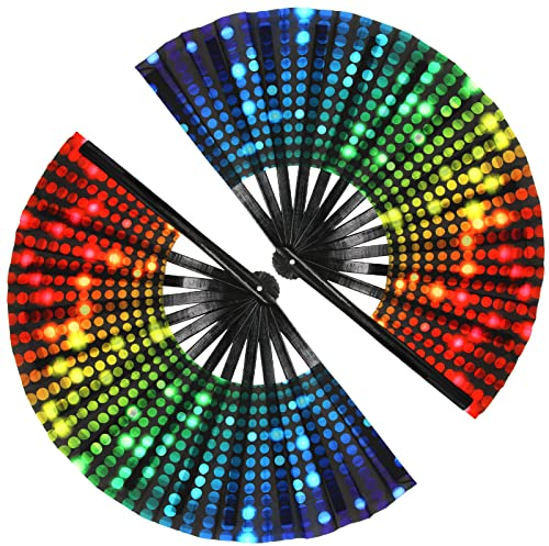 Hananona 2 große Faltfächer in Regenbogenfarben, für chinesische Festivals, Party-Dekoration, Sommer-Rave-Fächer, Hand-Fächer für Pride-Monat (Neonlicht)