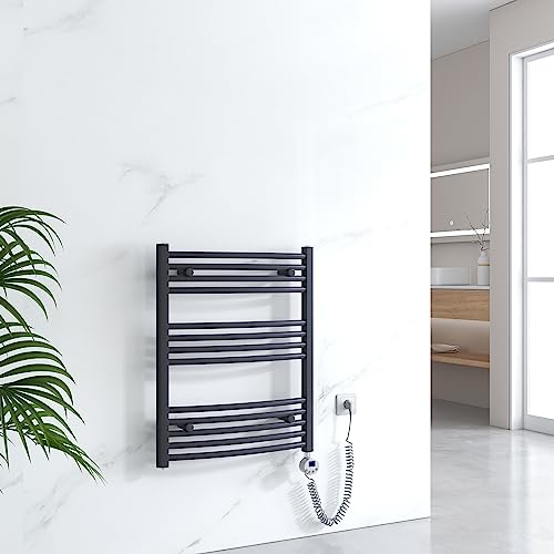 EMKE Handtuchheizkörper Elektrisch 750 x 600 mm, Gebogen Badheizkörper Elektrisch mit Thermostat, Handtuchtrockner Handtuchwärmer mit Timer Anthrazit 300W