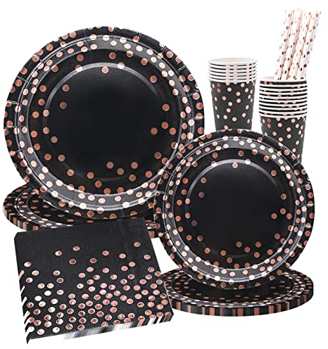 INHEMING 80 Pièces Vaisselle de Fête Noir et Or Rosa, Vaisselle Papier Set Comprendre avec Assiettes Tasses Pailles Serviettes pour Fêtes Anniversaires Mariages(20 Invités)