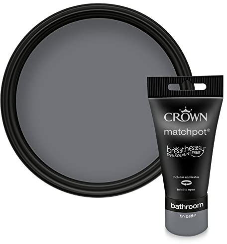 Crown EASYCLEAN BATHROOM Dark Grey Anti Mould Paint Tester Pot Sample 40ml | Try Tin Bath before you buy. Anti-mould bathroom paint sample. Mould & condensation resistant. Low VOC