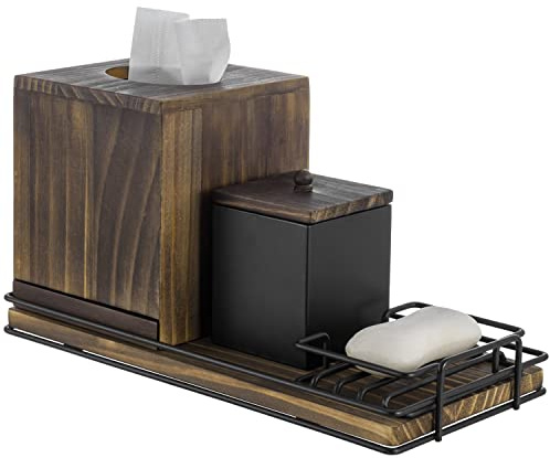 MyGift 4 Pc Bath Accessories Set, Rustic Burnt Wood and Industrial Matte Black Metal Bathroom Combo Set - Tissue Box Cover, Soap Dish, Cotton Swab Holder, Vanity Tray