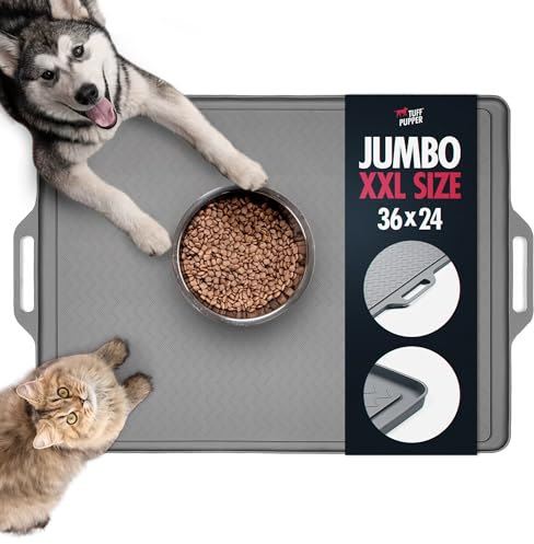 Tuff Pupper 90x60 cm XXL Tapis d'alimentation imperméable pour Animaux | Les Bords surélevés empêchent Les déversements | Facile à Nettoyer, Passe au Lave-Vaisselle