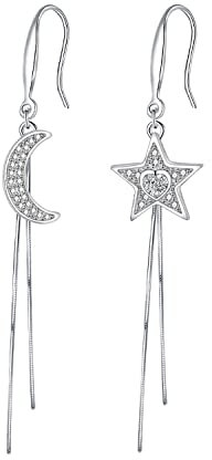 J.MUEN Damen Ohrringe Mond und Sterne Silber 925, Lang Ohrringe Hängende mit Zirkonia Geburtstag Muttertag Geschenk, für Mama Ehefrau Freundin