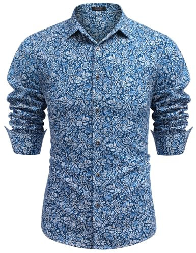 COOFANDY Men's Paisley Cotton Long Sleeve Shirt Floral Print Casual Retro Button Down Shirt, Pattern 4, Large