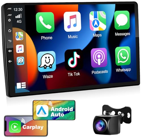 Podofo Doppel DIN Autoradio mit Kabellosem A-pple Carplay, 10,1 Zoll 2 Din Android Auto Radio 2G+32G Stereo Radio mit GPS/Bluetooth/WLAN/FM/EQ/26 UI/Dual USB+AHD Rückfahrkamera und Mikrofon