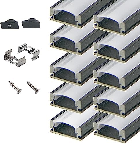 StarlandLed Schwarze Aluminiumkanäle für LED-Lichtleisten, 10 Stück, LED-Profil, U-Schiene mit Abdeckungsdiffusor und komplettem Montagezubehör, 1 Meter Segmente …