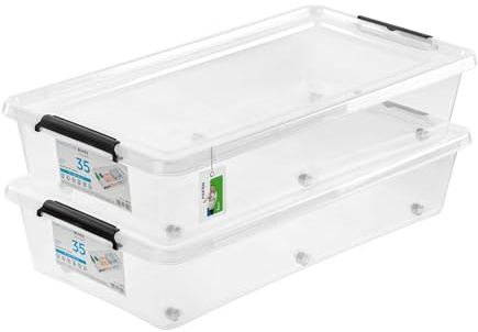 PAFEN 2x Aufbewahrungsbox auf Rollen 35,0L – 76 x 39 x 16 cm - SET Aufbewahrungsbehälter Transparent Boxen Aufbewahrung Stapelboxen mit Verschlussclips Kunststoffbehälter