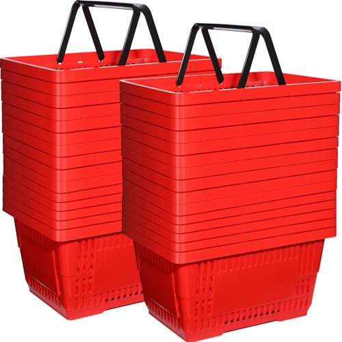Weysat Einkaufskörbe aus Kunststoff, mit Griffen, 43,2 x 30,5 x 22,9 cm, für Einzelhandel, Supermarkt, Lebensmitteleinkäufe, Rot, 30 Stück