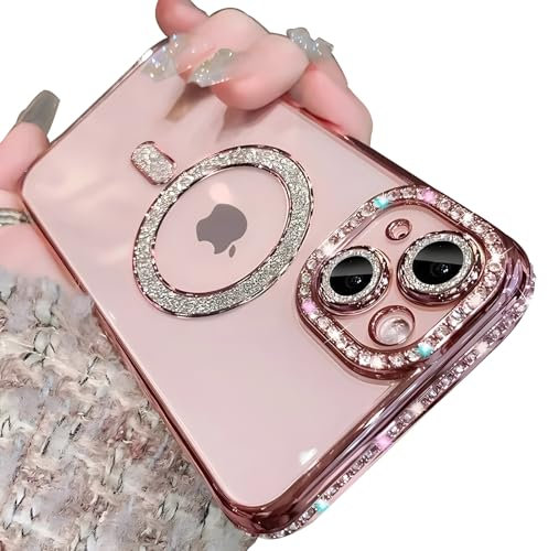 Rokmym Compatible avec Coque iPhone 15 à Paillettes Diamant Glitter Magnétique Housse Transparente Mignon Etui de Protection Antichoc Mince Case pour Filles Femme iPhone 15 -Rose