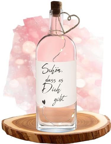 aquabook Flaschenlicht mit Spruch, Perfekte Geschenke für Frauen Geburtstag, Geschenk für Freundin und Lieblingsmensch, Deko Flaschen mit echtem Korken und 8 LEDs (Schön Dass Es Dich Gibt, Banderole)