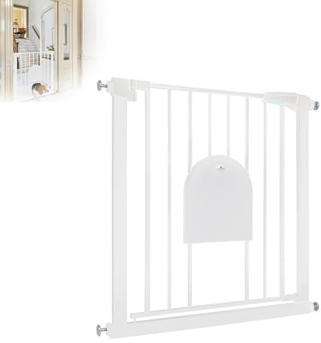 TATIVALO Rejilla de protección para puerta sin taladrar para niños, 75-85 cm de ancho, con puerta corredera para perros y gatos, apertura bidireccional de 180°, color blanco