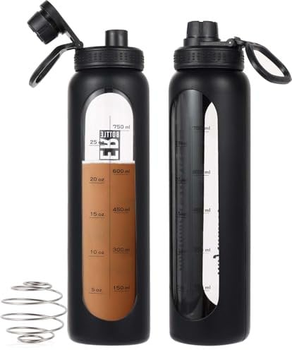RhythmFit Glas-Shaker-Flasche, 1 l, schwarze Glas-Protein-Shaker-Flasche mit Shaker-Ball, große Shaker-Flaschen für Proteinmischungen, tragbarer Pulvermixer, Mixer, Wasserflasche für Fitnessstudio