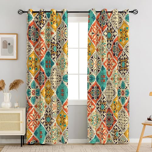 Tyrot Boho Verdunkelungsvorhänge für Schlafzimmer, 160 cm lang, 2 Paneele, böhmisches buntes Mandala, wärmeisoliert, Raumverdunkelung, Fenstervorhänge, Gemustert, verdunkelnde Vorhänge für Wohnzimmer
