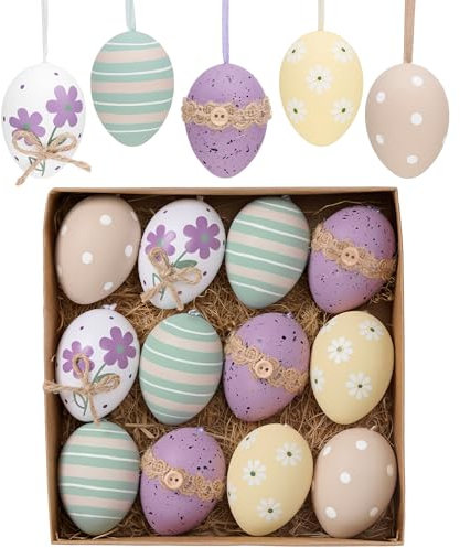 Valery Madelyn 12er Ostereier zum Aufhängen für Osterdeko,6cm Modern Plastikeier für Ostern Deko,Violett Gelbe Ornament für Osterkörbchen Frühlingsdeko,Ostern Geschenke Kinder