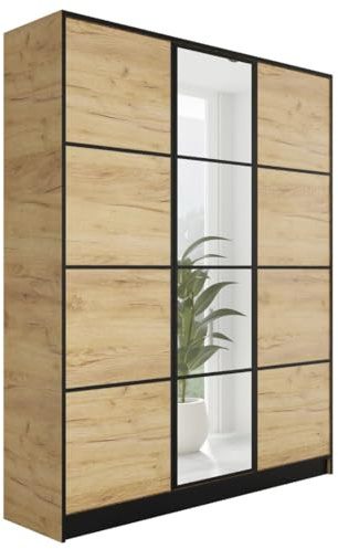 KIER FURNITURE Kleiderschrank mit Spiegel - Schrank Schlafzimmer - Garderobenschrank Flur Diele - Ausziehbare Kleiderstange - Eden v2 - BxHxT 156,4x205x39cm - 3 Türen - Craft Eiche