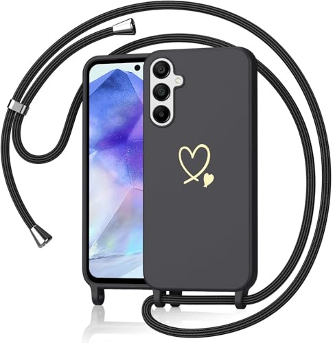 Yichu Coque pour Samsung Galaxy A55 5G avec Cordon, Souple Silicone Liquide Housse avec Collier, Réglable Lanyard Case, Motif Coeur d'amour Antichoc Etui Protection Cover pour Samsung A55, Noir