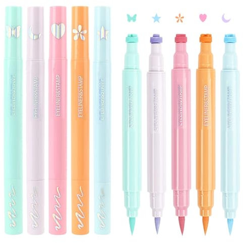 Winged Eyeliner Stamp Set, Colorful Quick-Drying Eye Liners, Star Moon Heart Flower Designs, 5-Piece Double Ended 2 in 1 Pen, Ideal for Festival Makeup, Multicolor