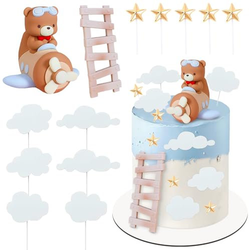 Tortendeko Flugzeug 13 Stück Bär Tortendeko Taufe Junge Kinder Cake Topper Flugzeug Thema Geburtstagsparty, Abenteuer Reisen Themenparty, Jungen Taufe Party Dekorationen