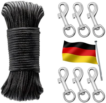 eupdd 20M Corde de Drapeau: Corde de Mât de Drapeau de 6mm avec 6 Mousquetons Pivotants, pour Drapeau, Extérieur, Camping, Corde en Nylon, Drisse de Ligne de Drapeau, Noir