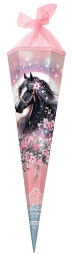 goldbuch 98 141 Schultüte 85 cm Luna, Zuckertüte 6-eckig, Geschenktüte mit Pferde-Motiv, Geschenkverpackung aus Lackkarton, Einschulungstüte mit Netzverschluss, ca. 85 x 24 x 20 cm, rosa, pink