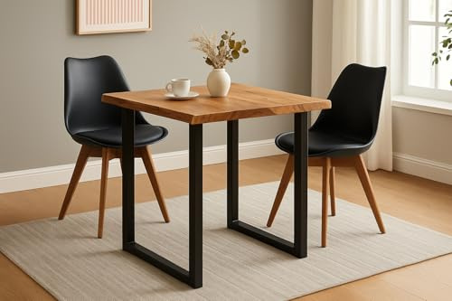 SAM 3-tlg. Essgruppe Quinn 80x80 cm Akazie natur / 2 Stühle schwarz | massiv, Echte Baumkante, Akazienholz naturfarben, U-Gestell schwarz, Esstisch mit 2 Stühlen, Schalenstuhl, Esszimmertisch
