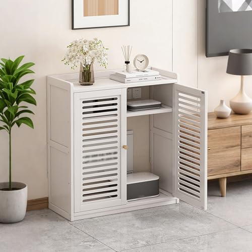 FORRTY WLAN-Router Aufbewahrungsschrank Mit Türen, Stehende Routerbox for Modem, Kabelmanagement & Steckdosen-Organizer, Elektronik Schrank for Wohnzimmer, Schlafzimmer Oder Flur(Weiß,S 59X67CM(23.2X