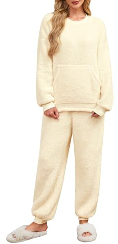 UMIPUBO Pigiama Donna Invernale Felpato Pigiami in Pile Caldo Set Due Pezzi Tuta Termico Invernali Completo da Casa Top a Maniche Lunghe e Pantaloni Lounge Morbido Sleepwear con Tasche (Giallo, S)