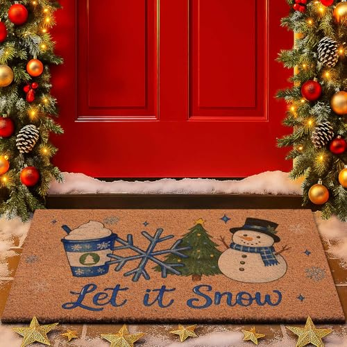 Lanpn Weihnachten Fußmatte Kokosmatte, Winter Schneemann rutschfeste für Terrasse Eingang Türmatte Badezimmer Matte für Innen Außen Bodenmatte Badezimmer Wohnzimmer Christmas Dekor 42x75cm (Braun)
