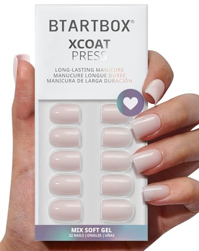 BTArtbox Press On Nails, Heeled Neutral, Short Square, Pastel, 32Ct | Lamp-Curable 4-Week Wear, Salon-Quality Natural Nails, 10-Minute Easy Daily Application, 16 Sizes, All-in-One Complete Kit