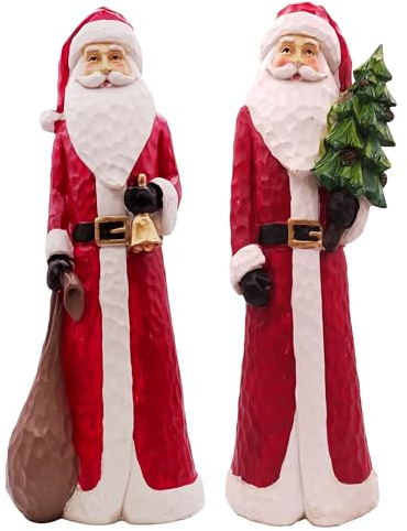 Logbuch-Verlag Weihnachtsmann Figur 30 cm im 2er Set – Weihnachtsdeko zum Hinstellen, Geschnitzte Holzoptik aus Kunststein, Nikolaus mit Geschenkesack & Baum