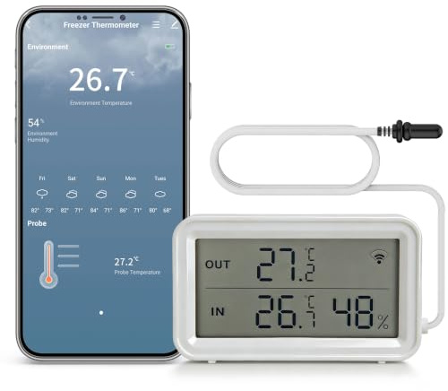 Termometro Igrometro WiFi con Sonda, Sensore Temperatura e Umidità Smart con Allarme App, Display LED, Monitor Digitale per Frigorifero, Acquario, Terrario, Senza Hub