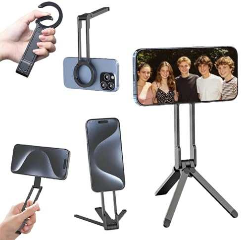 Magnetic Suction Phone Tripod Stand, Foldable Selfie Stick for iPhone 12 to 17 ProMax, Portable Quick Release Clip for Travel Journal or Stream Aluminum Alloy Mini Tripod Compatible with MagSafe Phone