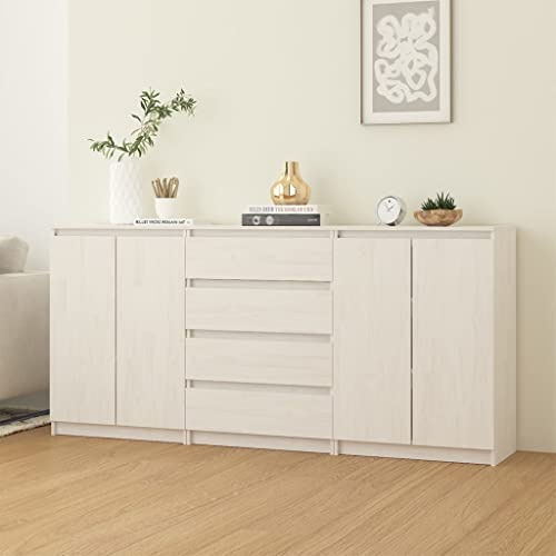 WRJENFSC Lot de 3 armoires d'appoint en pin massif - Blanc - 60 x 36 x 84 cm - Buffet rustique avec 2 portes et 4 tiroirs - Pour salon, couloir, cuisine