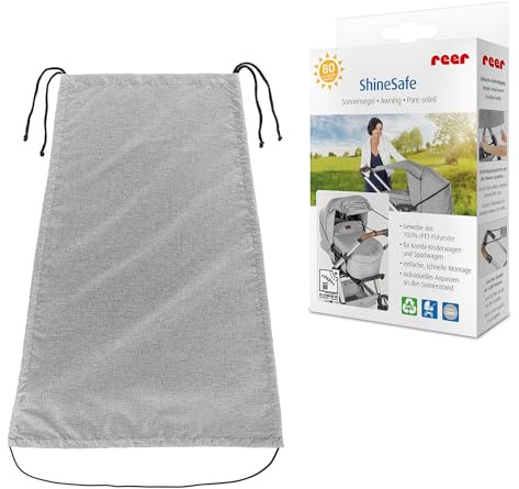 reer ShineSafe Sonnensegel | UV Schutz (UPF 80+) | universal passend für Kombi-Kinderwagen & Sportwagen | Sonnenschutz & Windschutz | aus 100% rPET-Polyester | Einfache Anbringung | Grau-Melange