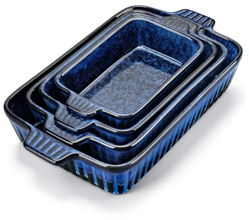 vancasso 9-14 in Baking Dishes Set of 4, Ceramic Casserole Dishes, Blue | Deep Rectangular Oven Tray with Handles, Perfect for Lasagna, Roasts, and Baking, Oven and Microwave Safe(9/11/12/14)