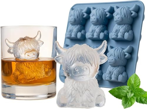 Mini Highland Cow Ice Cube Mold,Cute 3D Highland Cow Silicone Ice Cube Tray,Drinks,Parties,Birthday & Gift (6-piece Set)