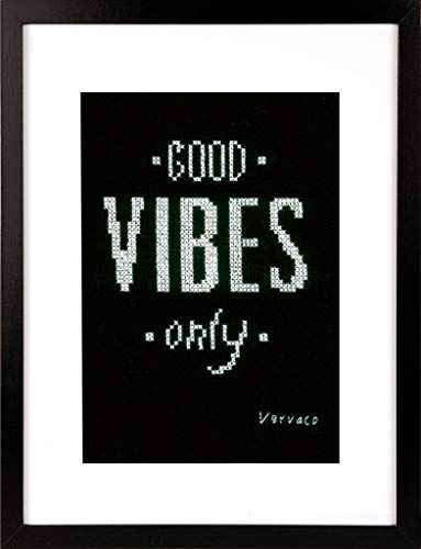 Vervaco Gezählter Kreuzstich Stickpackungen DIY Stickbilder Good vibes only Wanddekoration Handarbeit Set für Erwachsene Kreatives Handwerk ca. 12 x 17 cm Kreuzstichbilder Set Hausdeko