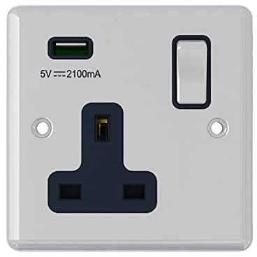 AET USBCPC1GSOCBC Polished Chrome Classical 1 Gang w Charging Port Black Insert Metal Rocker-13 Amp Single Plug Socket & USB Power Outlet