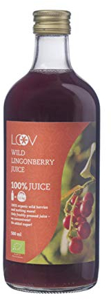 LOOV succo di mirtilli rossi selvatici biologici, 500 ml, 100% da mirtilli rossi pressati, contiene polifenoli, nessuna aggiunta di acqua o zucchero, cresciuti spontaneamente da foreste nordiche