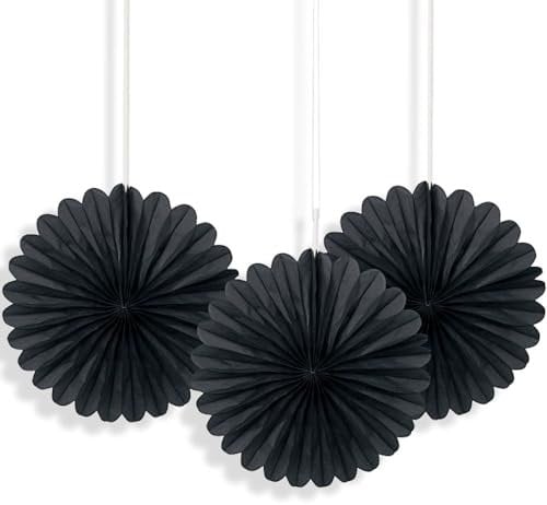 Black Solid Tissue Paper Fans (15cm) 3 Pieces - Vibrant Hanging Decorations for Parties & Events