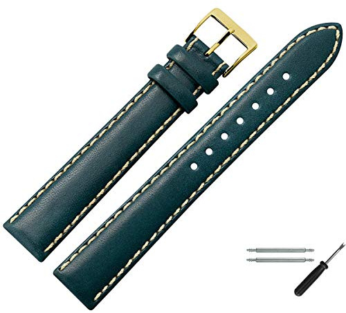 MARBURGER Uhrenarmband 20mm Leder Blau Gold XL Glatt Mit Naht - Montage Set 8022051000220