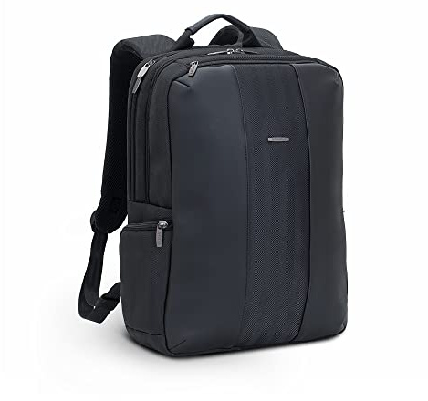 Rivacase Laptop Rucksack bis 15,6 Zoll – leichter Stadtrucksack aus Polyester und Kunstleder mit extra gepolsterten Seiten - ein Fach für Dokumente und Tablet bis 10,1 Zoll/schwarz
