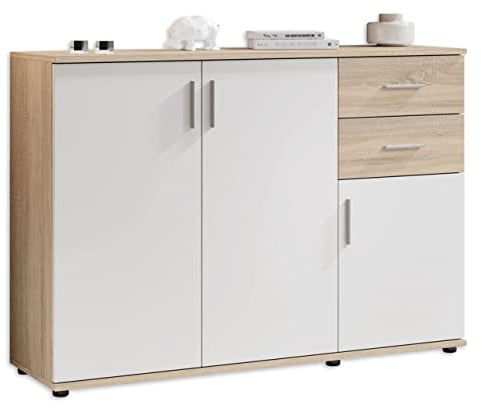 Stella Trading BOBBY Kommode in Eiche Sonoma Optik, weiß - Modernes Sideboard mit viel Stauraum für Ihren Wohnbereich - 120 x 82 x 35 cm (B/H/T)