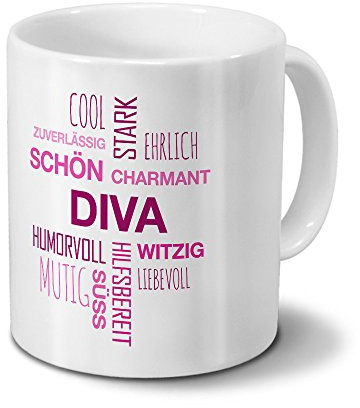 printplanet Tasse mit Namen Diva Positive Eigenschaften Tagcloud - Pink - Namenstasse, Kaffeebecher, Mug, Becher, Kaffeetasse