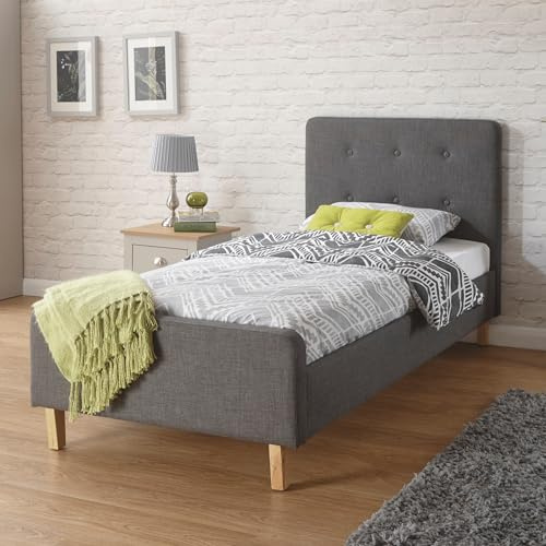 GFW Ashbourne Single Grey Upholstered Fabric Bed Frame, Button Tufted Headboard, Wooden Legs and Sprung Slatted Base
