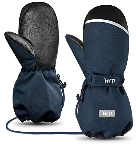 MCTi Kids Mittens Waterproof Winter Ski Warm Sherpa Lined Long Cuff with String (Blue, X-Small(Fits 8-11 Years))