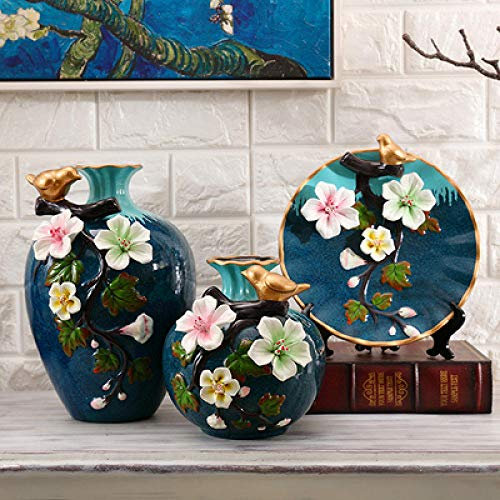 MCWJ Decorative plate 3Pcs/Set Ceramic Vase 3D Stereoscopic Dried Flowers Arrangement Wobble Plate Living Room Entrance Ornaments Home Decorations-B