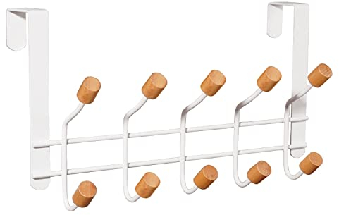 HYMIKO Crochets de porte en métal robuste avec 10 crochets en bois pour accrocher manteaux, chapeaux, peignoirs, serviettes, cintres de porte de salle de bain, chambre à coucher, blanc