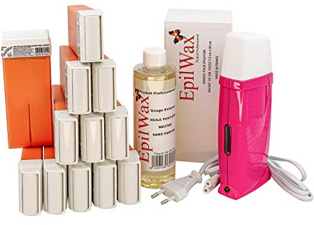 EpilWax - Kit Chauffe Cire Épilation Professionnelle avec 12 x Recharges Roll on Cire à l'Argan, 100 x Bandes d'Épilation et Huile après Épilation - Gamme Royal